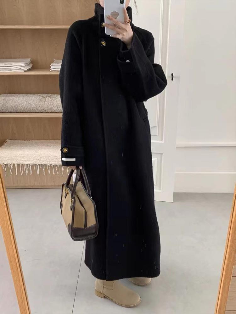 

Temperament stand-up collar double-sided wool coat belt skirt long thousand gold solid color wool coat women s high-end sense S