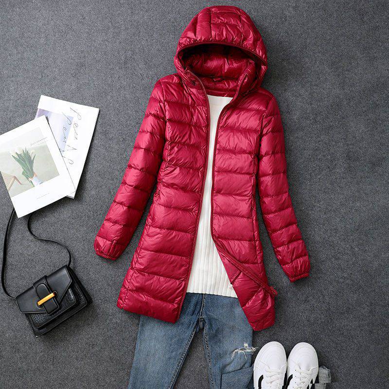 

Осенне-зимняя тонкая пуховая куртка для женщин, средняя и длинная тонкая пуховая куртка больших размеров со съемным капюшоном S вино красного