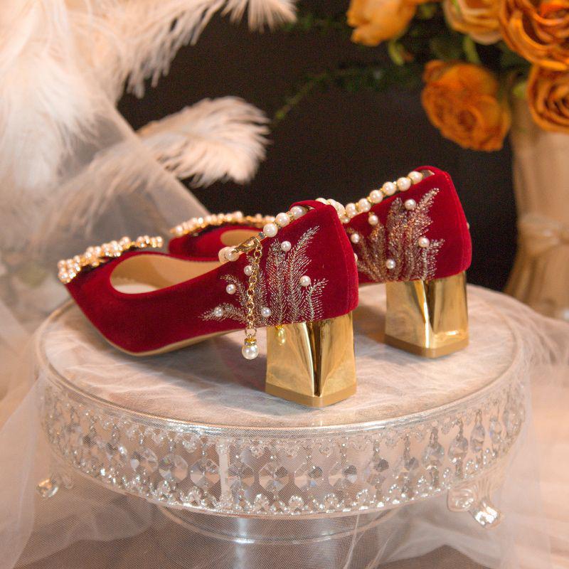 Pantofi de Nuntă Xiuhe cu Toc Înalt din Piele Suede Burgundy pentru Mirese și Femei Gravide