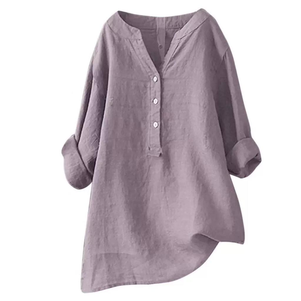 Vintage Casual Shirts for Women Spring Summer Casual Loose Long Sleeve Shirt Ladies Oversize V-Neck Blouse Tunic Tops