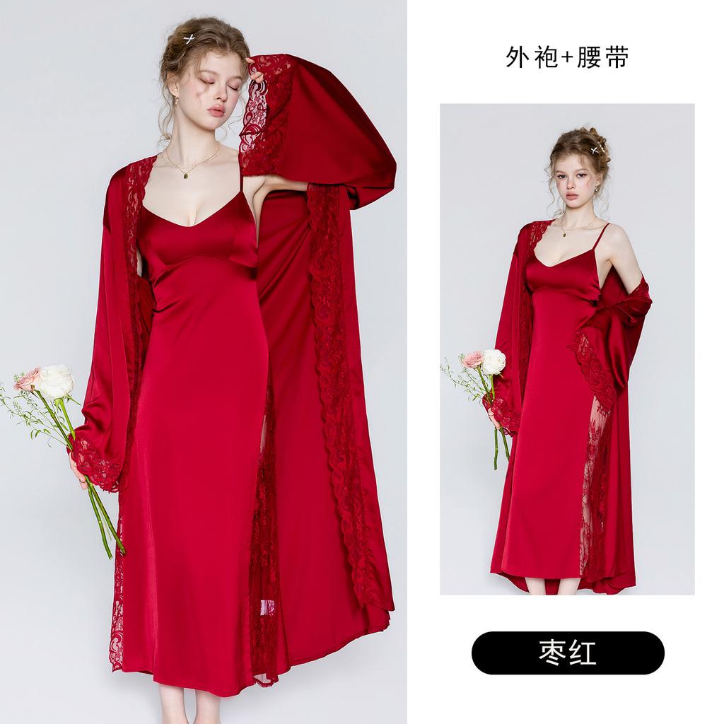 Women's Satin Lace Sheer Padded Slit Sleep Dress with Robe Lounge Set