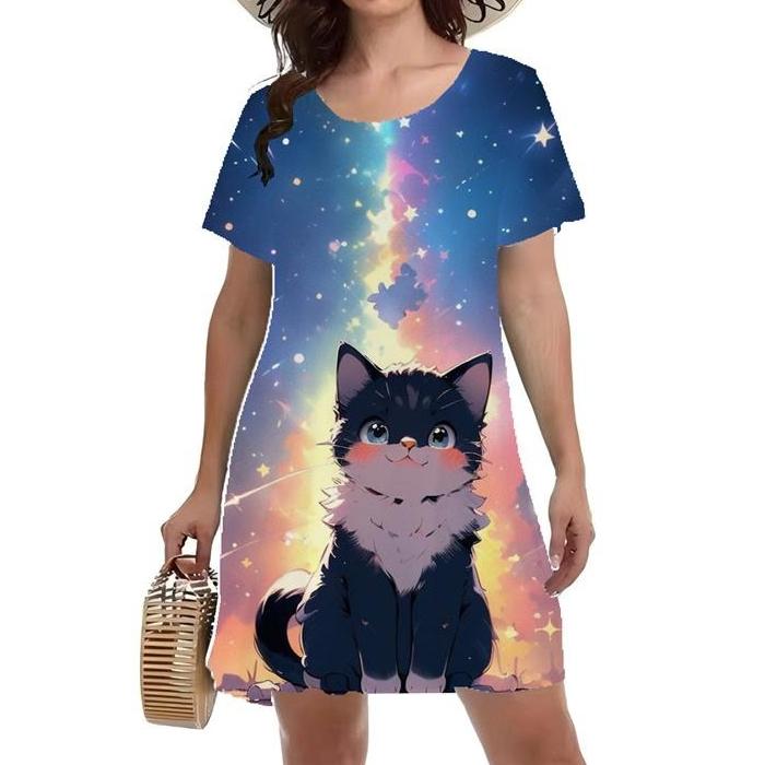 Summer Fashion Colorful Cat Printed Dress Ladies Loose Oversized Comfortable Leisure Breathable Dress