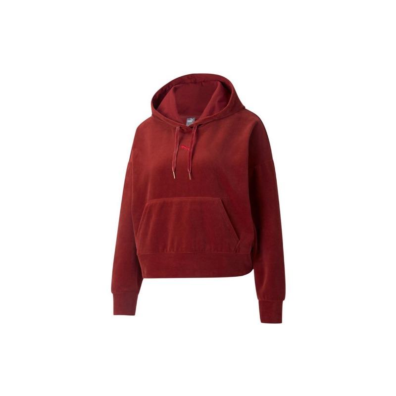 Puma Velour Logo Embroidery Sports Pullover Hoodie Women Tops Burgundy 846417-22