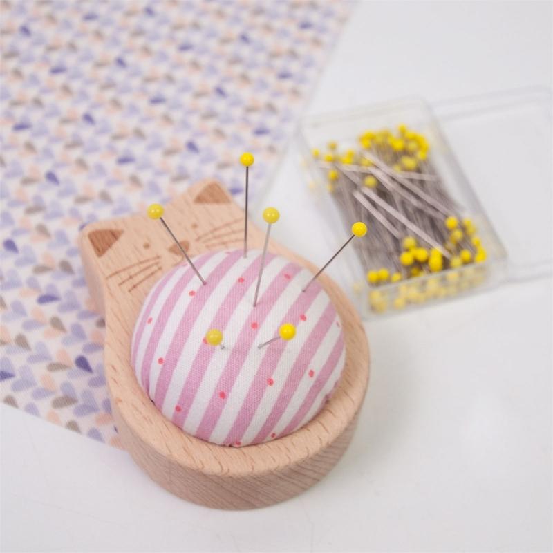 Pin Holder Wood Pin Cushion with 100Pcs 38mm Long Straight Sewing Pin for Fabric Sewing Dressmaking Needlework