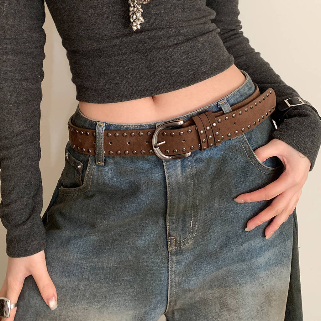 Retro American Suede Belt For Women With Metal Embellishments For Casual Wear