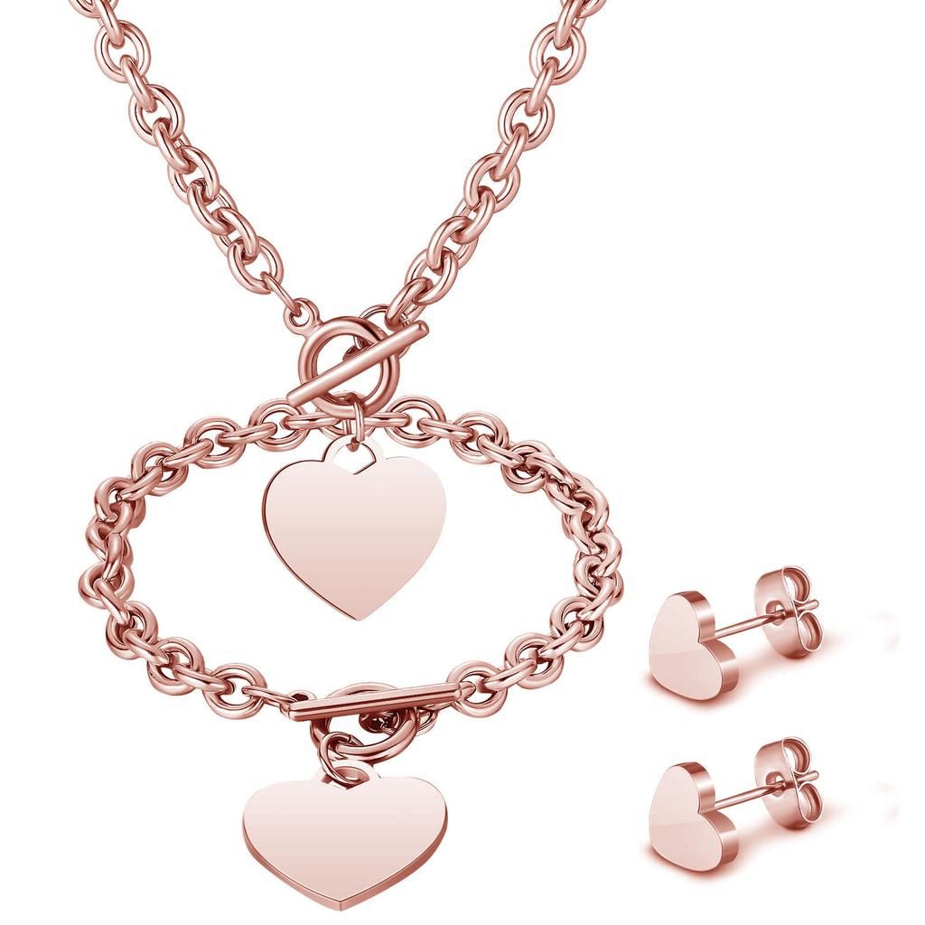 Heart Tag Jewelry Set Silver OT Toggle Chunky Chain Necklace Bracelet Matching Heart Stud Earrings