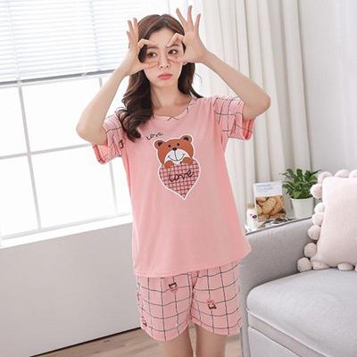 Summer Women Cute Casual Sleepwear Peach Heart Small Bear Cartoon Nightwear Short Sleeve Pajamas Set