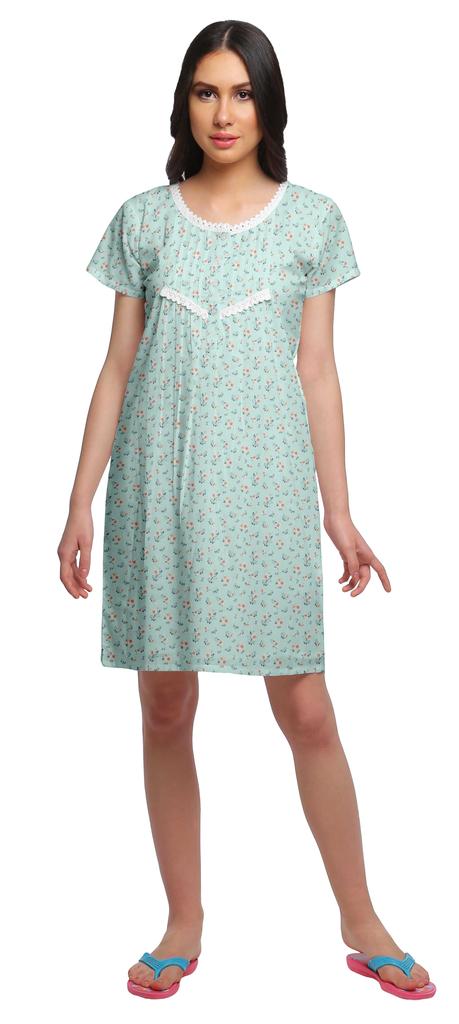 Moomaya Cotton Lace Neckline Sleepwear For Women Button Placket Nightdress
