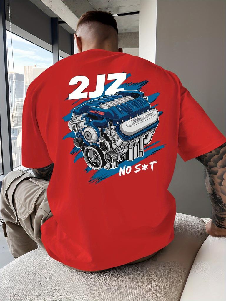 Motor Neues Herren Grafik T-Shirt 2JZ NORST Motor Rückendruck Marineblau Lässiges Kurzarm-T-Shirt Atmungsaktives Rundhals Sommer Oberteil
