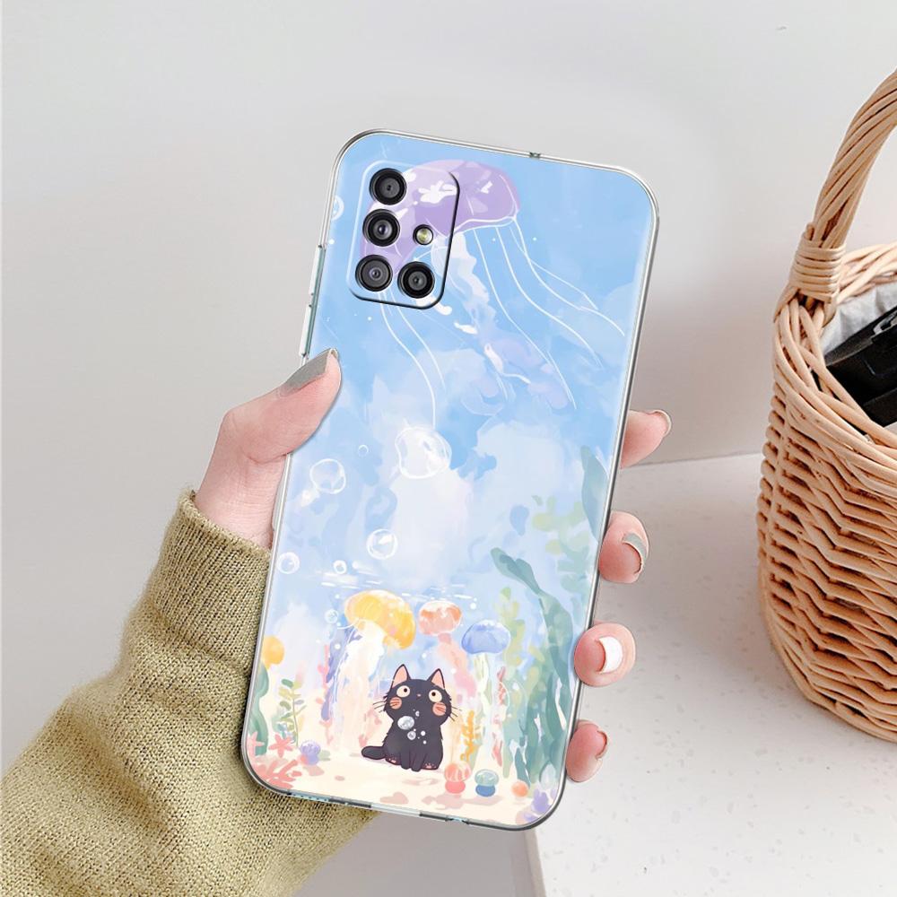 Phone Case For Samsung A15 A13 A35 A55 A51 A71 A41 A31 A21S A03S A05 A17 A23 A25 A33 A53 A73 5G A07 4G Clear Cover Cat Fishing