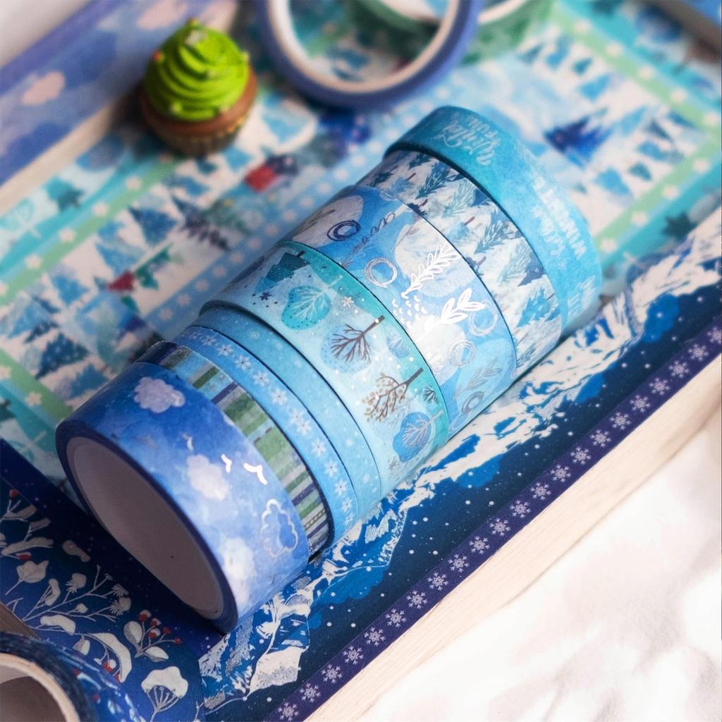 YUBX Winter Masking Tape Blue Washi Snow Silver Foil Narrow for DIY Gift Decoration Narrow 19-Piece Set, Tape, Pattern, Stamping, Strips, Crafts,