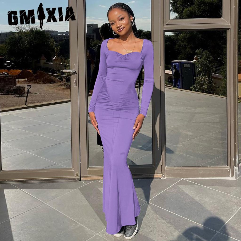 GMXIA Dámská móda, jaro, podzim, jednobarevný tisk, dlouhý rukáv, čtvercový límec, ležérní šaty