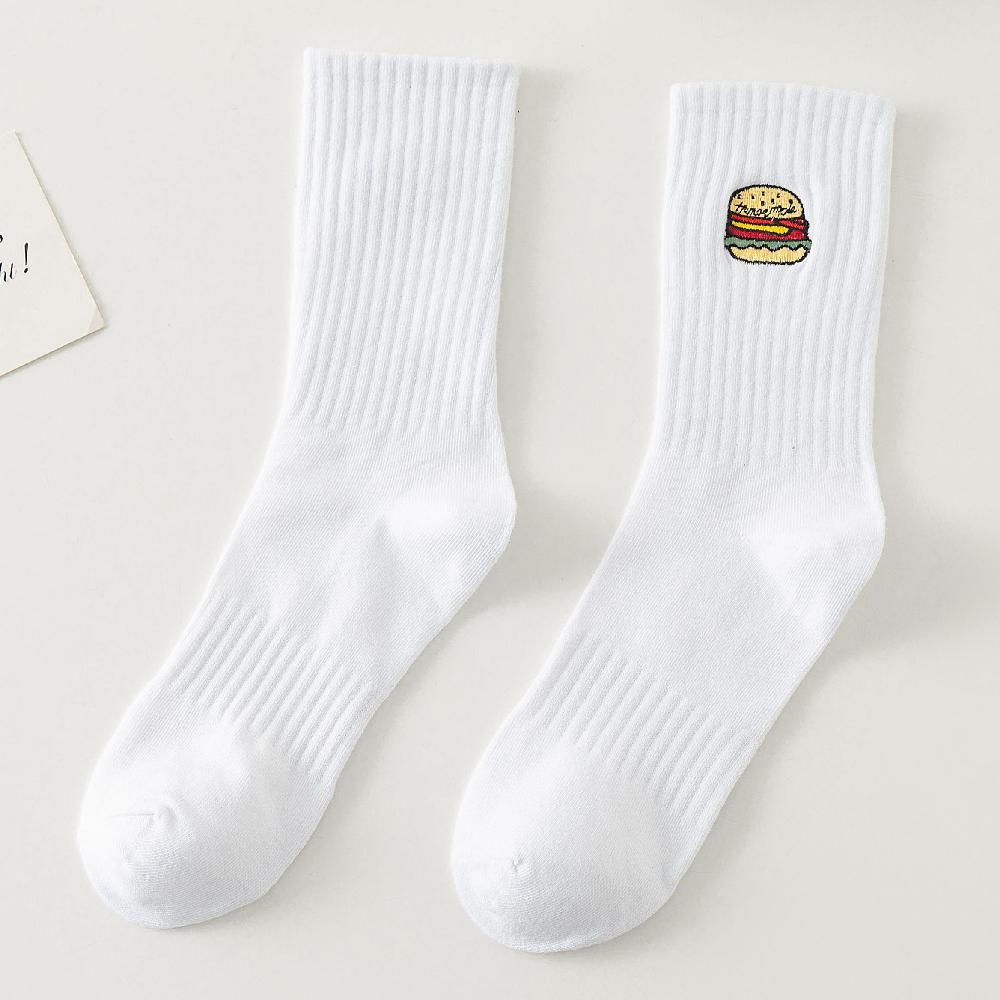 Warmer Winter Neu Lustige Stickerei Hamburger Pizza Muster Weiß Schwarz Grau Lässige Hipster Dicke Socken Weihnachtsgeschenk Dropship