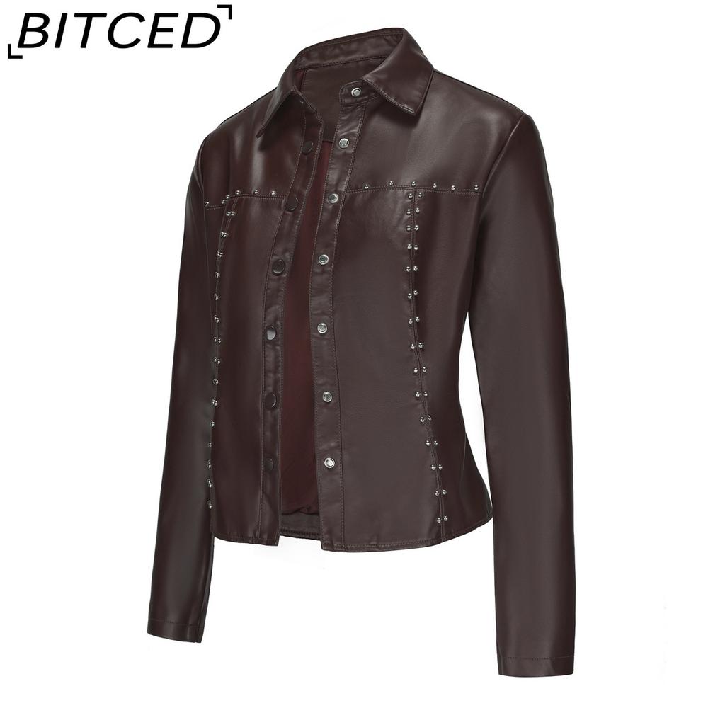 BITCED Women's Spring/Autumn Studded Leather Jacket Cardigan Button-Up Leather Clothing Fashionable Lightweight Outerwear