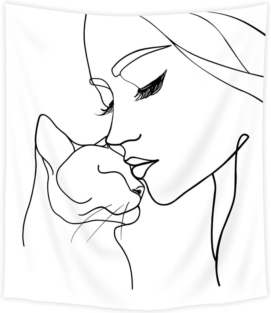 Abstract Woman Face Tapestry Floral Leaves Butterfly Art Line Lady Beige Black Flower Aesthetic Modern Sketch Minimalist Simple