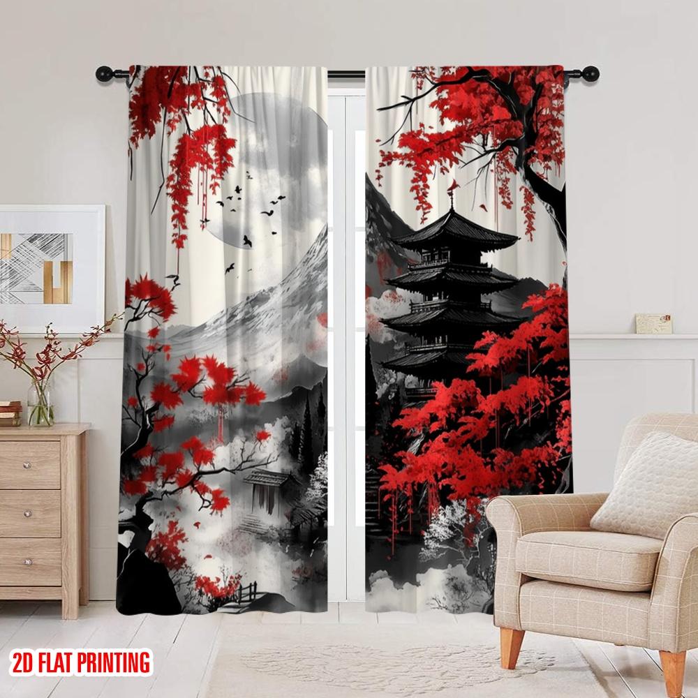 2pcs,2D Plane Printing Curtain Popular Crimson Serenity(1) Durable Polyester (without Rod) Gifts for Bedroom, Kitchen, Office &
