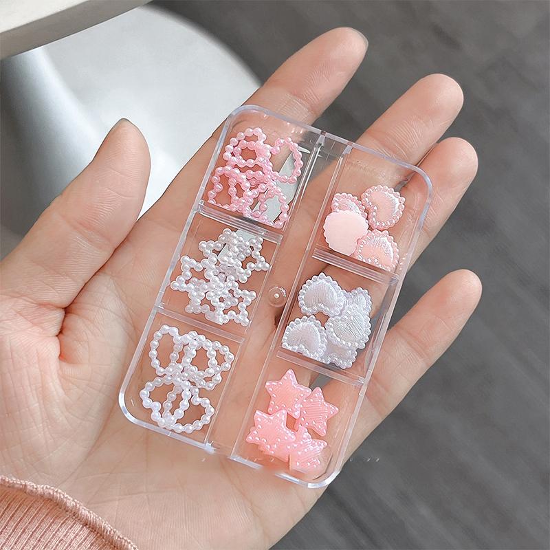 

6 сеток смешанные жемчужные сердечки для ногтей 3D сердечки любви звезды шармы для нейл-арта маникюра ювелирные аксессуары