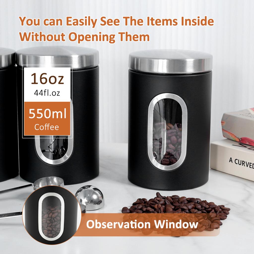 Airtight Coffee Canister Stainless Steel Food Storage Canisters with See Window Coffee Tea Sugar Container Set with 3 Spoons