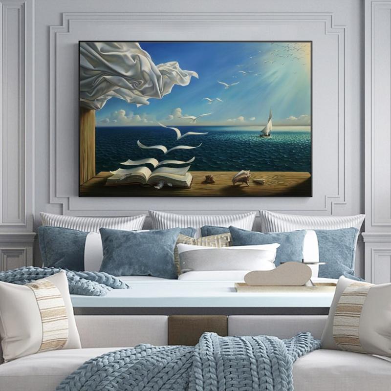 Salvador Dali Oil Painting The Waves Book Sailboat Wall Paintings On Canvas Surrealism Art Posters and Prints Wall Art Pictures