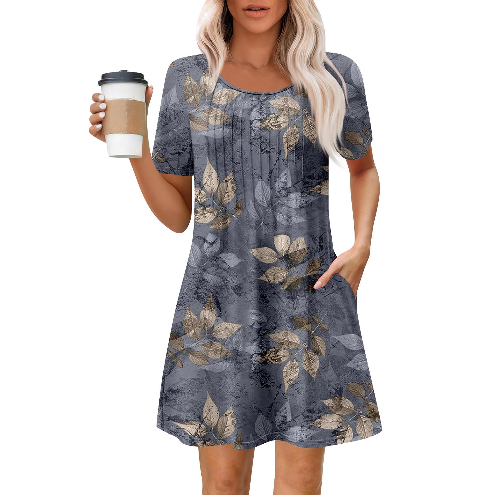 

Жіноча літня сукня Вільне пляжне повсякденне плаття-сарафан із круглим вирізом і короткими рукавами з кишенею, сукня-сорочка з короткими рукавами L