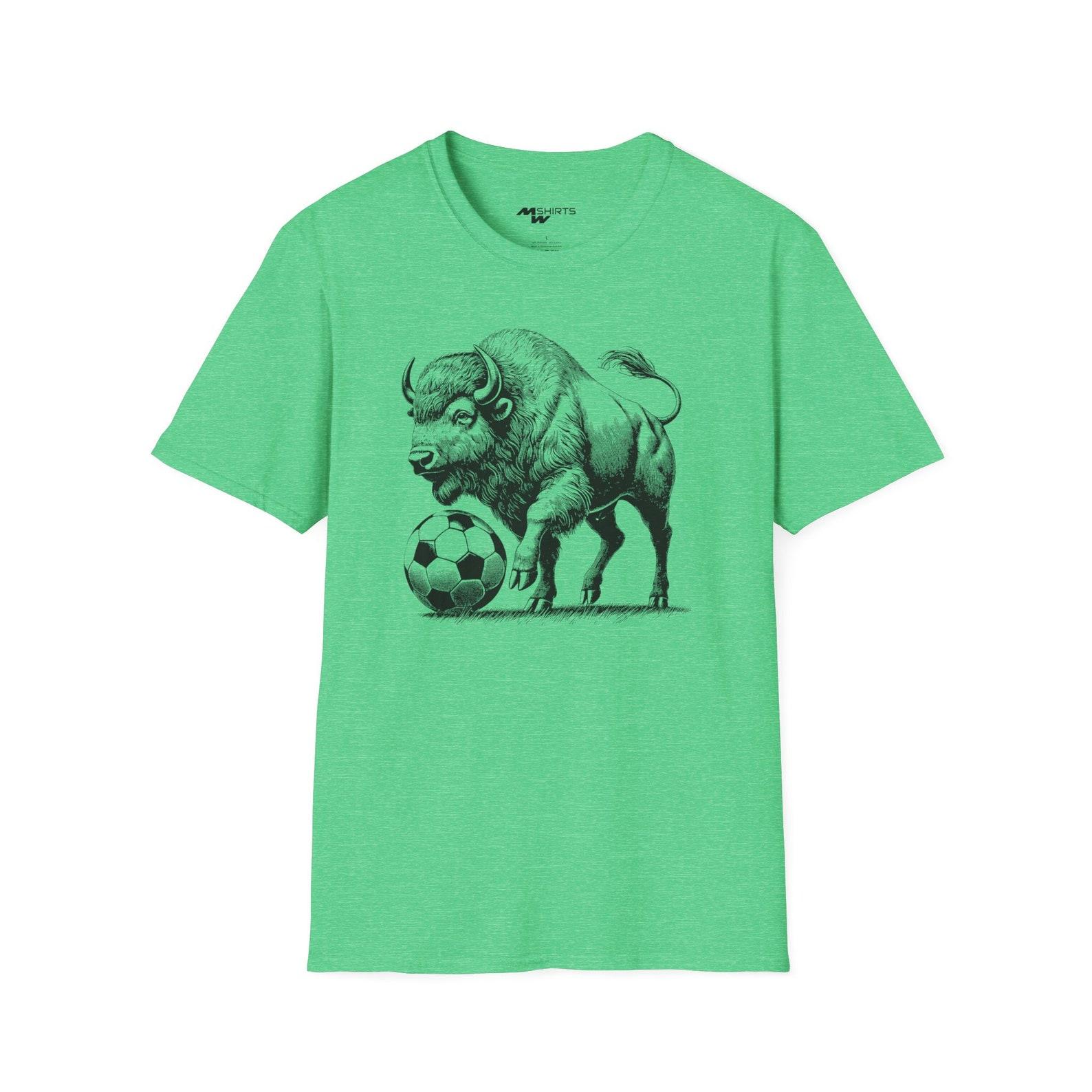 Bison Soccer Ball T-Shirt: Copper Engraving Style, Unisex Soft-Style XL
