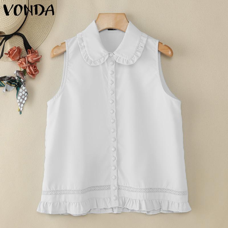 

VONDA Women Summer Ruffled Hem Sleeveless Buttons Up Crochet Casual Tank Tops 5XL