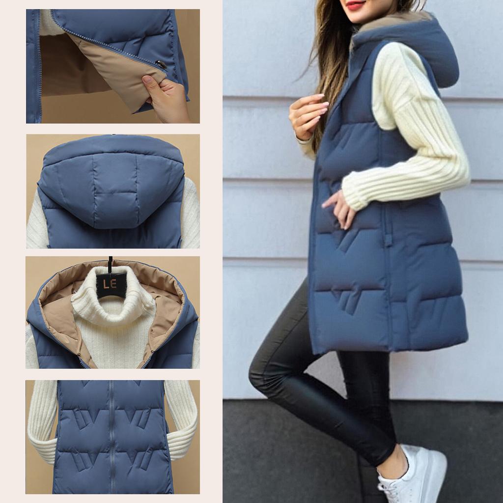 Dame Lang Vest Ensfarget Ermeløs Hette Vintervest Ytterjakke Lett Varm Kåpe Yttertøy