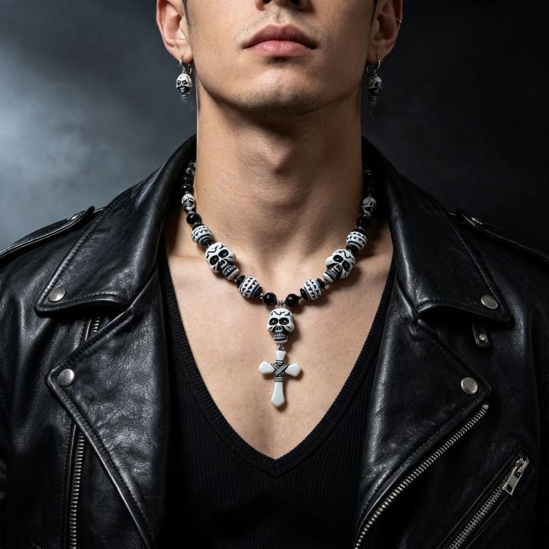 Gothic Skull Cross Necklace Earring Set Punk Vintage Party Jewelry Men Women Teens