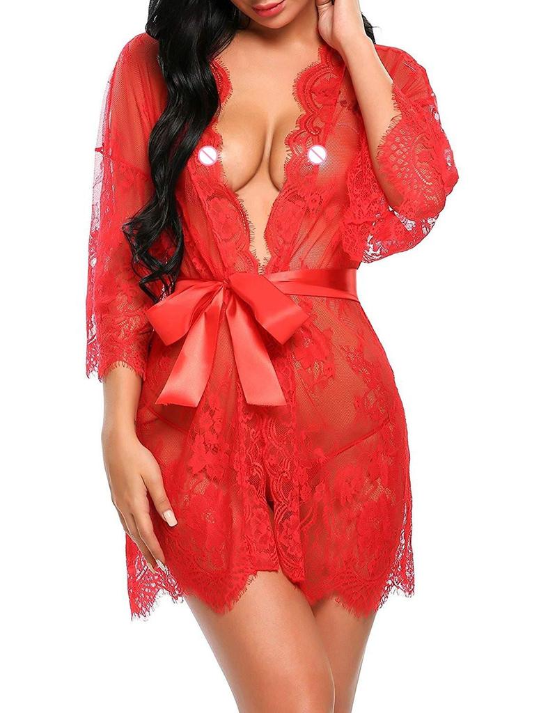 Erotic Sex Clothes Sexy Woman Hollow Nightgown Lace Ruffled Robe Babydoll Nightwear Woman Open Crotch Chemise Sleepwear