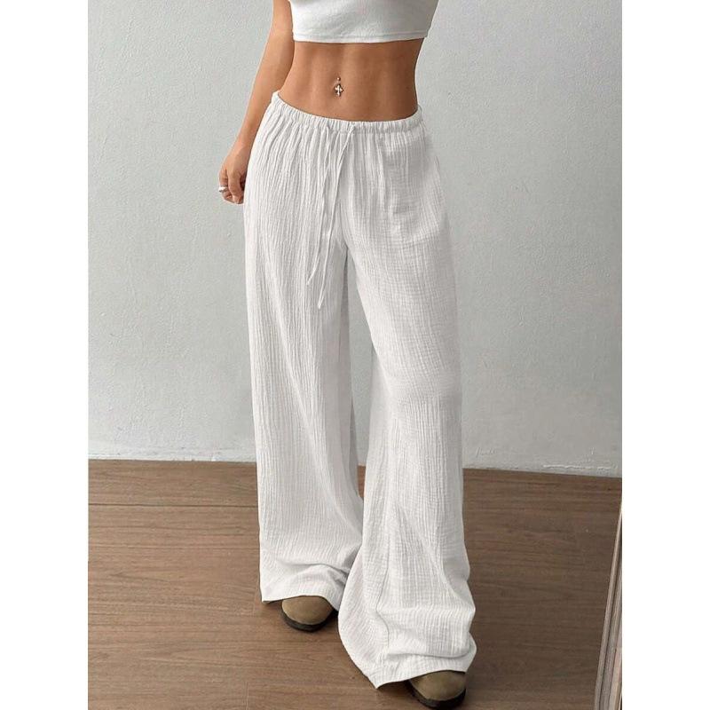 Women Cotton Linen Wide Leg Pants Elastic Waist Drawstring Loose Casual Trousers Plus Size Summer Streetwear