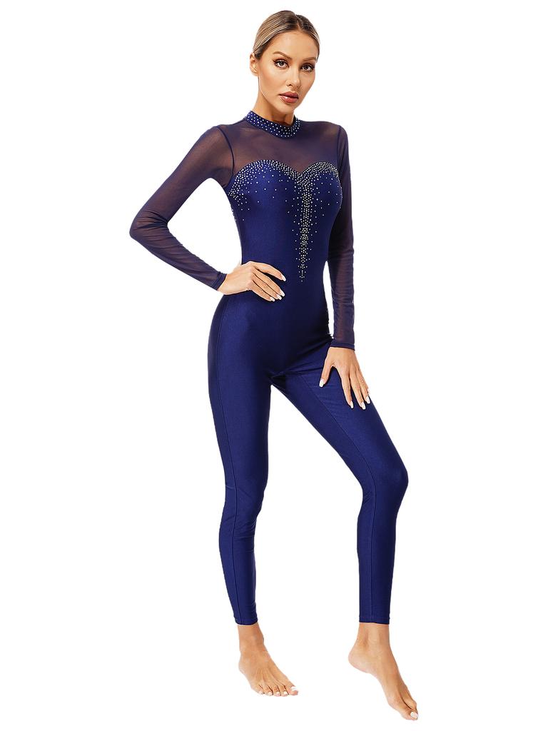 Jazz Dance Jumpsuit Rhythmic Gymnastics Stage Performance Wear Figure Skating Gymnastics Dance Costume Women Rhinestone Open Back Jumpsuit
