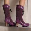 Autumn Winter Vintage Women Victorian Boots Lace Up High Heel Booties Ruffle Trim Goth Lolita Princess Cosplay Tea Party Shoes