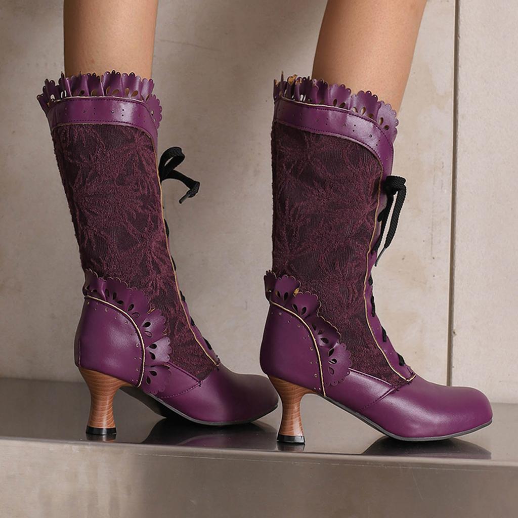Autumn Winter Vintage Women Victorian Boots Lace Up High Heel Booties Ruffle Trim Goth Lolita Princess Cosplay Tea Party Shoes