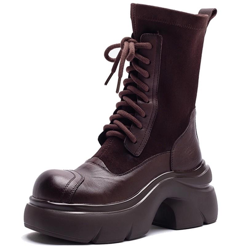 Fashion GKTINOO Autumn Winter Genuine Leather Boots For Womem Shoes Thick Soled High Heel Mid-Calf Stretch Boots Lace Up Ladies Pumps