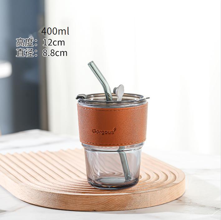 Vertikales Muster Bambusbecher mit Deckel Hochwertiger Strohhalm Glas Geschenkbecher Büro Kaffeetasse