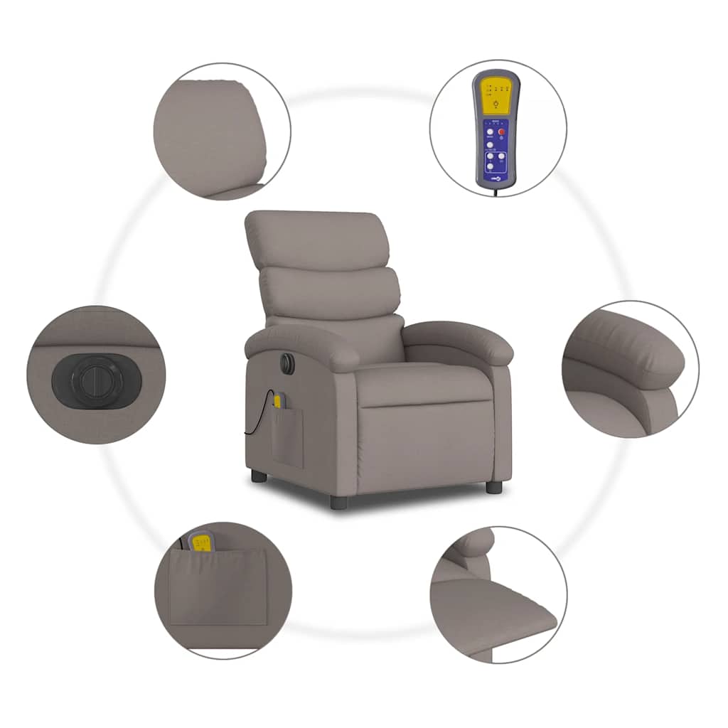 Vidaxl Rozkładany Fotel Masujący, Elektryczny, Kolor Taupe, Tkanina