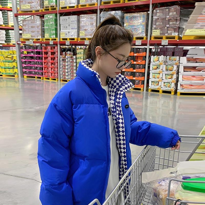 

New Plaid Color Matching Cotton-padded Jacket Female Korean Version of Loose Cotton-padded Clothes Winter Collar Warm Bread Short Coat. S синій