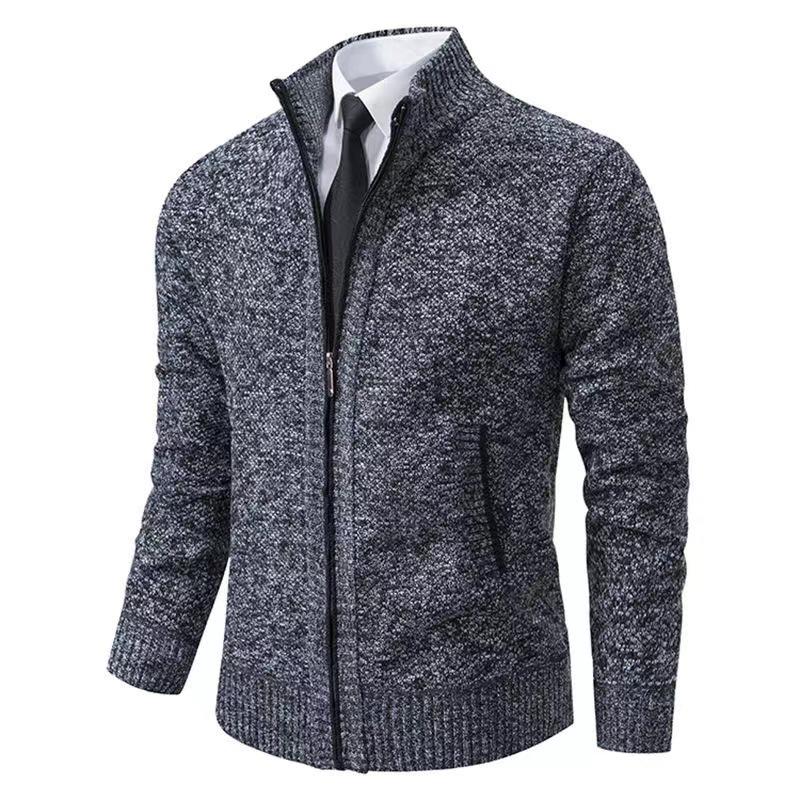 Men's Fleece-Lined Cardigan: Thick Knit Zipper Sweater with Stand-Up Collar for Autumn/Winter 2023