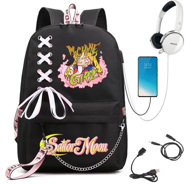Sailor Moon Printed Student Backpack Ribbon Shoulder Bag Girls School Travel Backpack Large Capacity School Bag