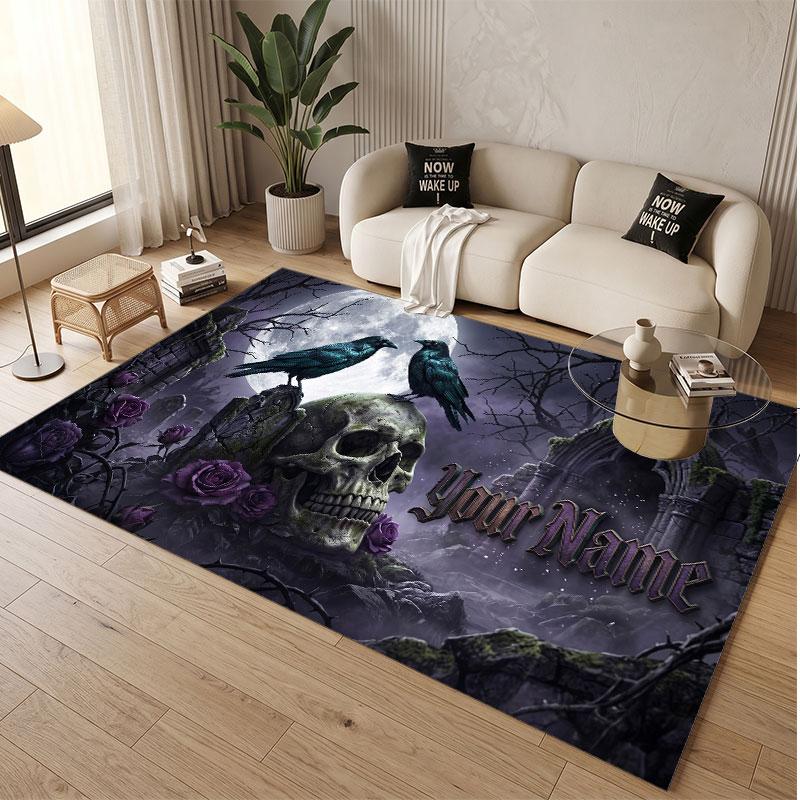 Skull Gothic Theme Soft Crystal Velvet Rug Custom Name & Text Print Non Slip Floor Rug for Bedroom Living Room