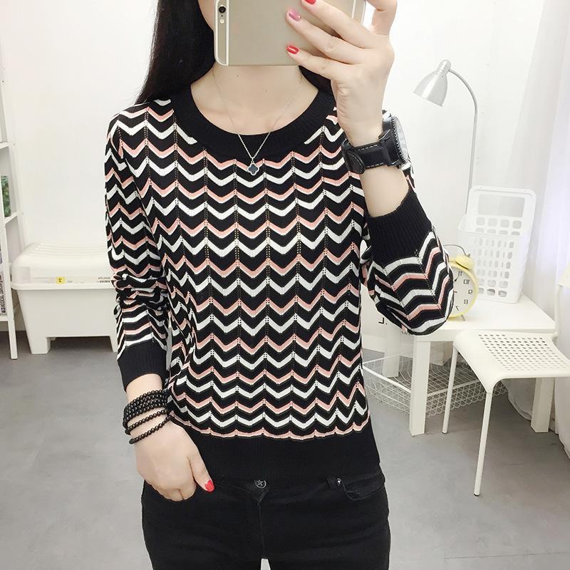 Fashion Knitted Short Sleeve Women's Autumn Winter T-shirt Round Neck Soft Stripe Sweater Top