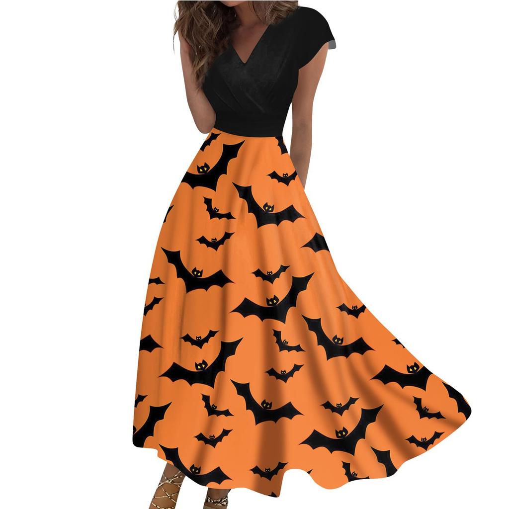 Women's Long Dress Maxi Dress Casual Dress Casual Short-Sleeve V Neck Boho Waist Halloween Printed Dress