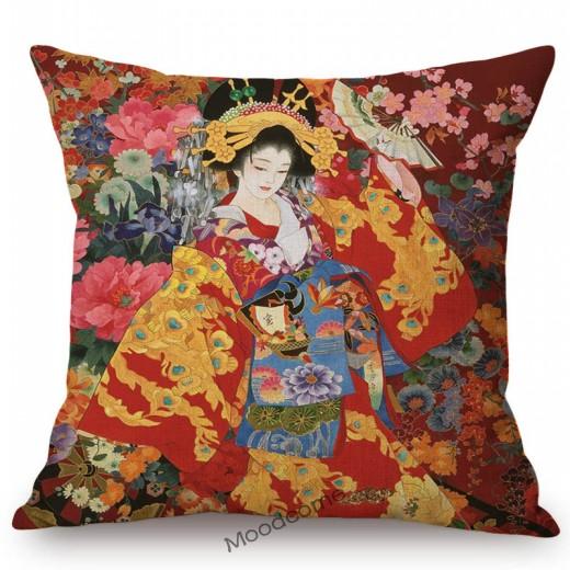 Ancient Japanese Traditional Geisha Oil Painting Art Home Decorative Sofa Throw Pillow Case Beautiful Girl Linen Cushion Cover