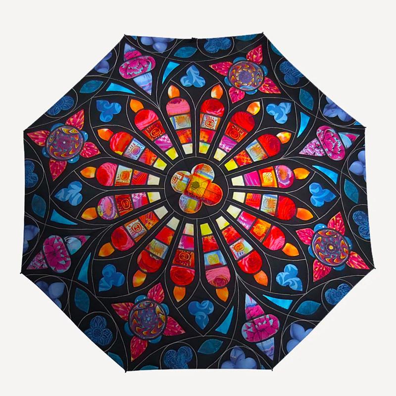 1pc Stained Glass Bird Design Automatic Folding Umbrella, Portable 3-Fold Design with 8-Bone Iron Frame, Outdoor, Festive Gift for Fans, Travelers, Da
