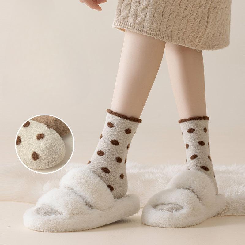 Polka Dot Socks for Women's Autumn and Winter Mid-calf Socks, Fleece Thickened Warm Long Socks, Fleece Sleeping Floor Socks