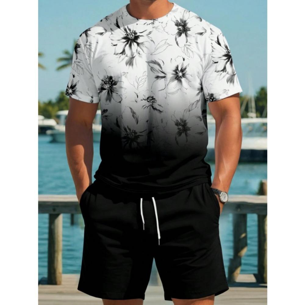 Men's Short Sleeve and Shorts Set Gradient Color Printed T-shirt Drawstring Shorts Beach Short Sleeve Top Shorts Two Piece Set