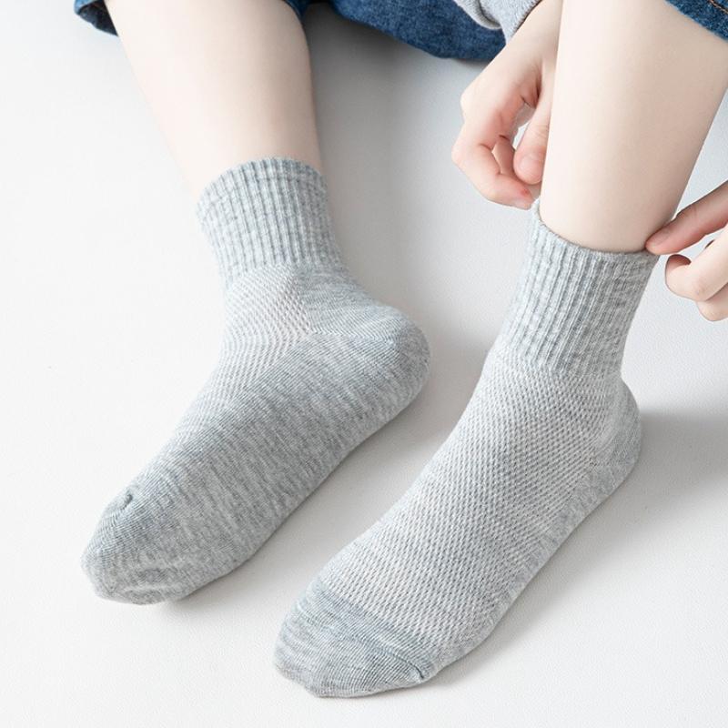1Pair Children's Socks Spring Summer Thin Mesh Breathable Boys Girls Middle Tube Cotton Socks Black White Grey Student Sports Socks