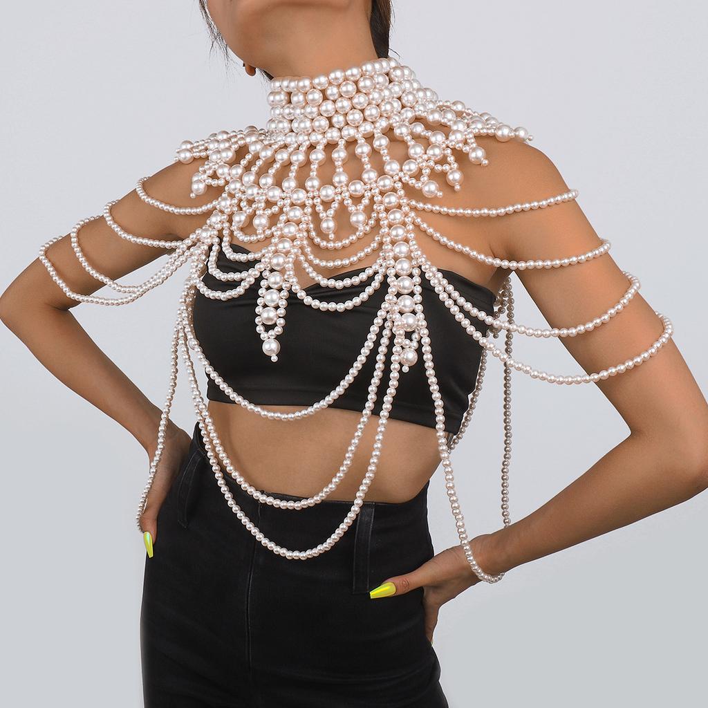 Fashion Tribal Style Hollow Woven Pearl Shawl Body Chain Retro Layered Exaggerated Sexy Body Chain All Match Women Jewelry