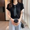 Summer Korean Style New Bow Doll Collar Knitted Short-sleeved T-shirt Women's Short Navel Top Ins Trend