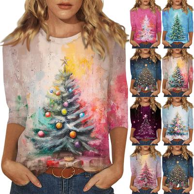 Women's Fashionable Casual Three Quarter Sleeve Christmas Printed Round Neck Top